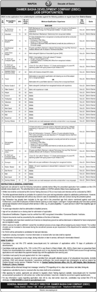 WAPDA Diamer Basha Development Company (DBDC) Jobs 2026 advertisement listing multiple vacancies, qualifications, BPS scale, age limit 18–33 years, and application instructions via CTS.