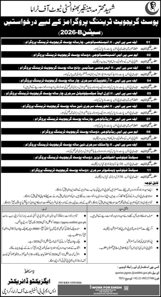 SMBBIT Jobs 2026 advertisement for postgraduate training programs at Shaheed Mohtarma Benazir Bhutto Institute of Trauma Karachi.