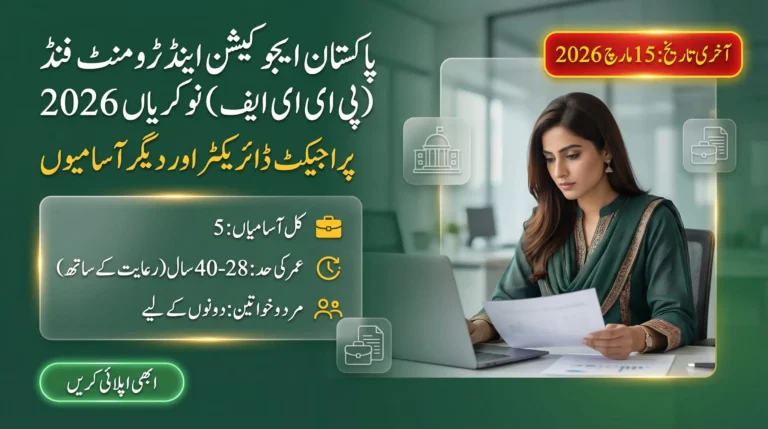 PEEF Islamabad Jobs 2026 advertisement for various positions with age limit (28-40 years) and gender-specific requirements (male and female candidates), including details for Project Director and other roles. Last application date: March 15, 2026.