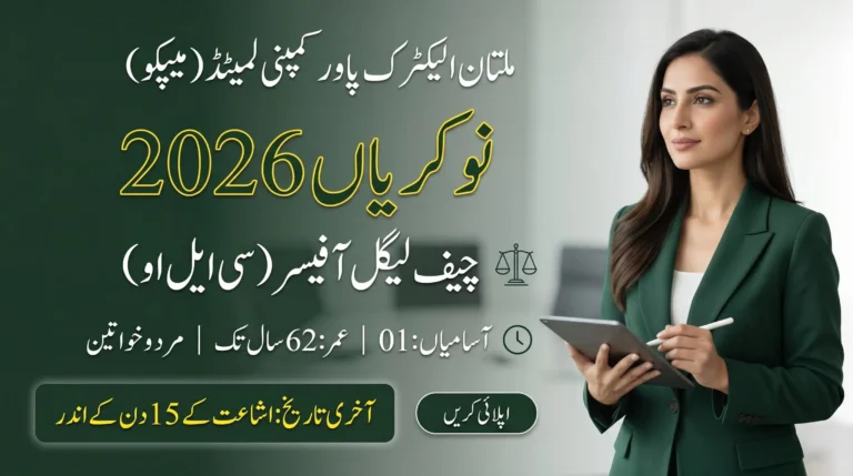 Featured image for Chief Legal Officer Jobs 2026 in MEPCO Multan showing Urdu job details, age limit, vacancies, and apply deadline with a professional legal-themed design.