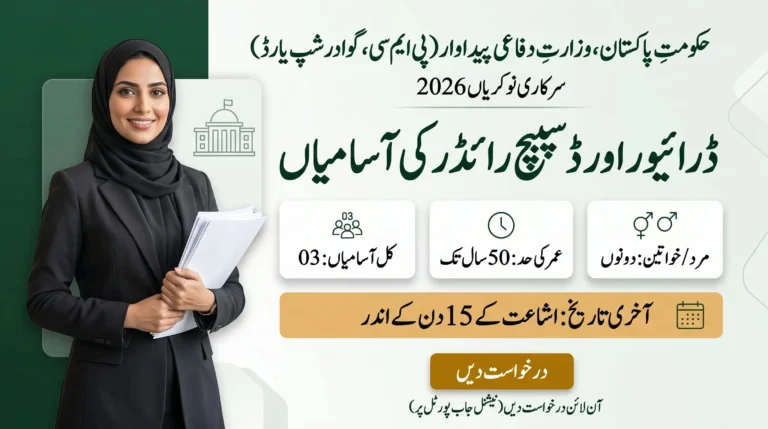 Ministry of Defence Production Jobs 2026 advertisement for various positions at Gwadar Shipyard. The image showcases application details, eligibility criteria, and job information in Urdu.
