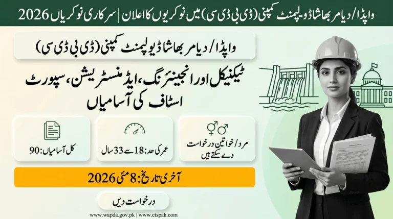 WAPDA Jobs 2026 advertisement showing Water and Power Development Authority vacancies, eligibility details, age limit 18–33 years, 90 positions, and last date 8 May 2026 for Pakistan government jobs.