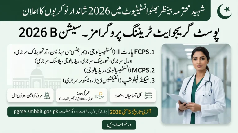 SMBBIT Jobs 2026 postgraduate training program image showing FCPS, MCPS and second fellowship details with online apply information.