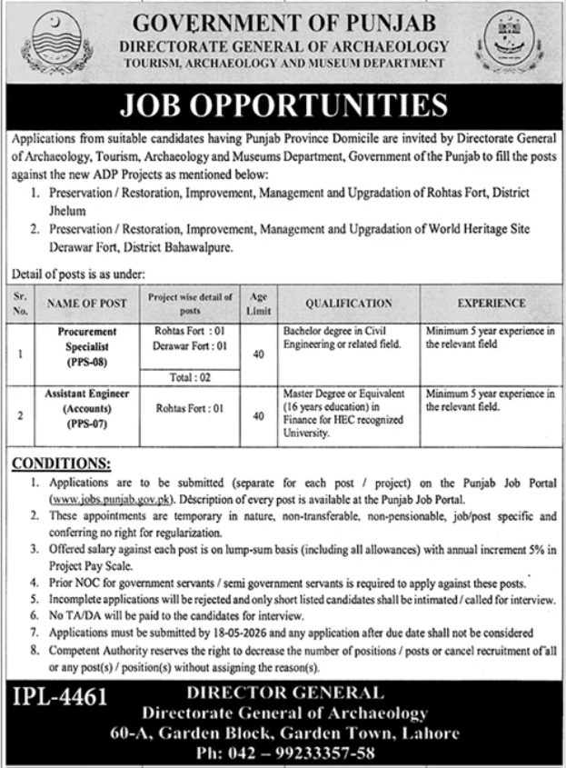Archaeology and Museum Department Jobs 2026 advertisement by Government of Punjab showing vacancies for Procurement Specialist and Assistant Engineer Accounts with qualification, age limit, and application details.