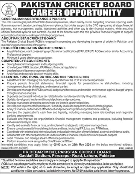 PCB Lahore Jobs 2026 advertisement for General Manager Finance and Positions at Pakistan Cricket Board Lahore with eligibility criteria, experience requirements, and application deadline details.