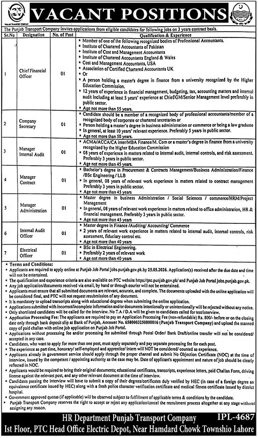 Punjab Transport Company Jobs 2026 advertisement for CFO, Company Secretary, Audit, Contract, Administration, Electrical and Internal Audit Officer positions in Lahore. Apply online before 25 May 2026.