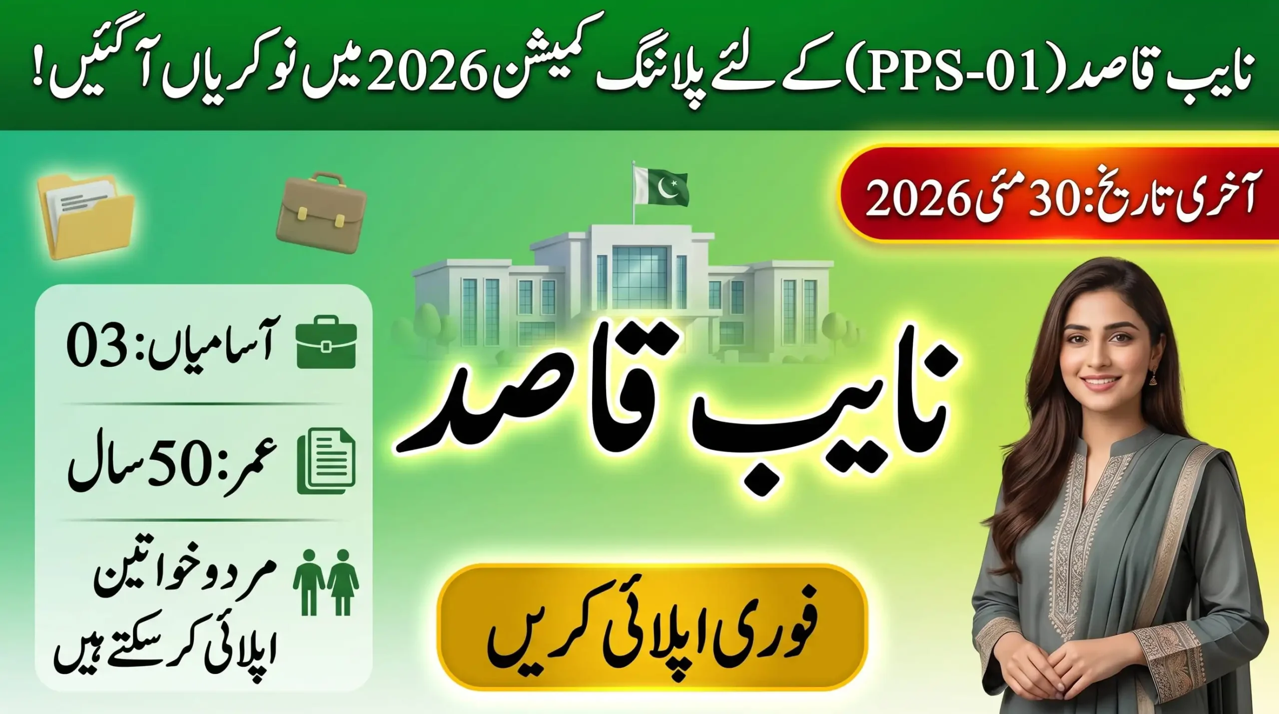 Planning Commission Jobs 2026 featured image showing Naib Qasid PPS-01 vacancies, last date 30 May 2026, age limit 50 years, and male female eligibility in Pakistan.