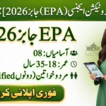 EPA Jobs 2026 thumbnail in Urdu showing Environmental Protection Agency recruitment details, 8 vacancies, age limit 18–35 years, application deadline 30 May 2026, and a woman holding a tablet.