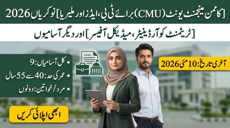 CMU Islamabad Jobs 2026 advertisement featuring male and female professionals with job details including treatment coordinator, HIV/AIDS and TB program officer vacancies, age limits 40–55 years, eligibility criteria, and application deadline 10th May 2026.