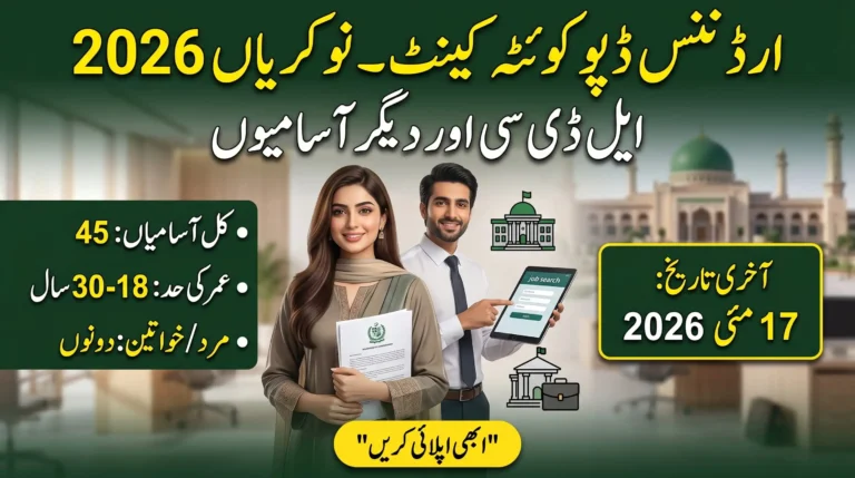 Ordinance Depot Jobs 2026 banner with male and female applicants holding documents, highlighting 45 vacancies, age limit 18 to 30 years, and last date to apply 17 May 2026.