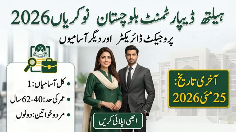Health Department Balochistan Jobs 2026 advertisement banner featuring Project Director and other vacancies, last date 25 May 2026, age limit 40 to 62 years, applications open for both males and females, with professional male and female models displayed.
