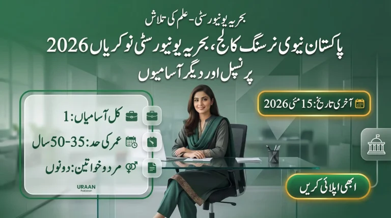 Pakistan Navy Nursing College Bahria University Jobs 2026 promotional banner showing eligibility criteria, age limit, and application deadline details.