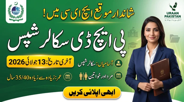 HEC Jobs 2026 PhD scholarships advertisement in Urdu showing HEC scholarship opportunity, last date 13 July 2026, age limit 35/40 years, male and female applicants eligible.