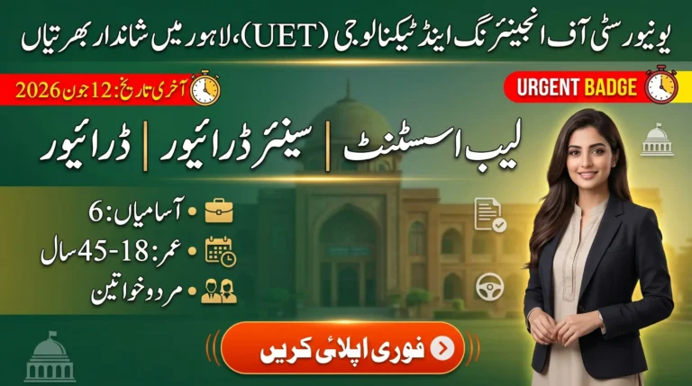 UET Lahore Jobs 2026 advertisement banner showing lab assistant, senior driver, and driver vacancies with eligibility details, age limit, and last date.