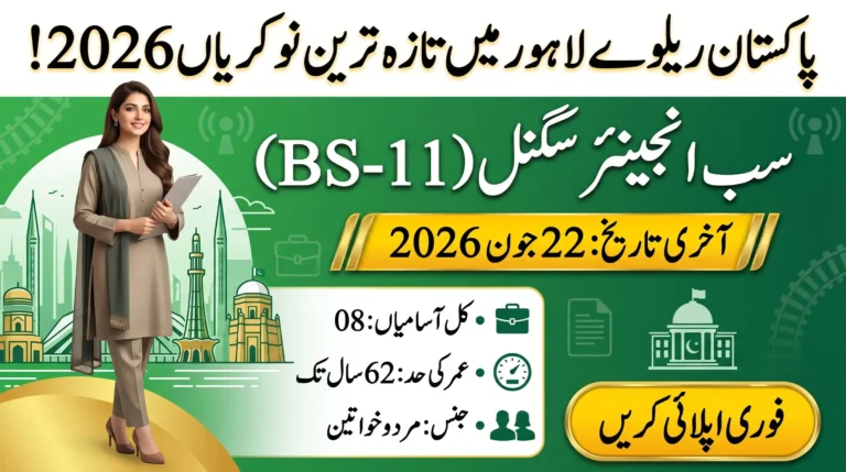 Pakistan Railways Lahore Job 2026 for Sub Engineer Signal (BS-11) with 8 vacancies, age limit up to 62 years, and application deadline of 22 June 2026. Apply now for the latest Pakistan Railways jobs in Lahore.