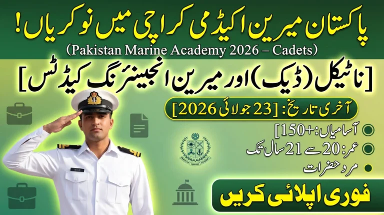Pakistan Marine Academy Karachi Jobs 2026 thumbnail showing admissions for Nautical (Deck) and Marine Engineering Cadets, with eligibility highlights and application deadline.
