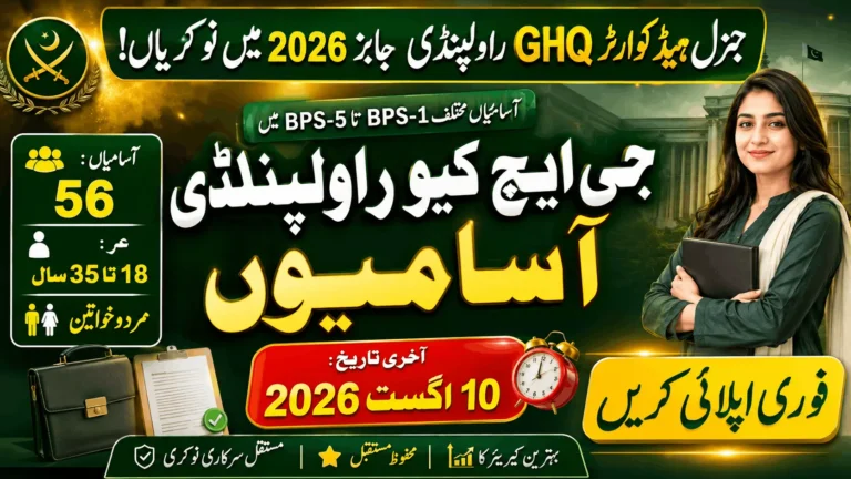 General Head Quarter GHQ Rawalpindi Jobs 2026 featured image showing GHQ Rawalpindi recruitment, 56 vacancies, age limit 18–35 years, and last date 10 August 2026.