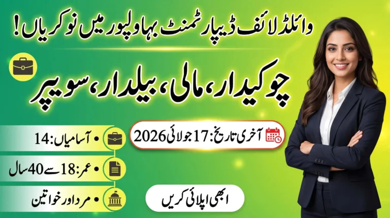 Wildlife Department Jobs 2026 recruitment advertisement poster for Bahawalpur showing vacancies for Clerk, Mali, Baildar and Sweeper positions with eligibility age 18–40 years and application deadline 17 July 2026. Professional job hiring banner for Wildlife Department Jobs 2026.