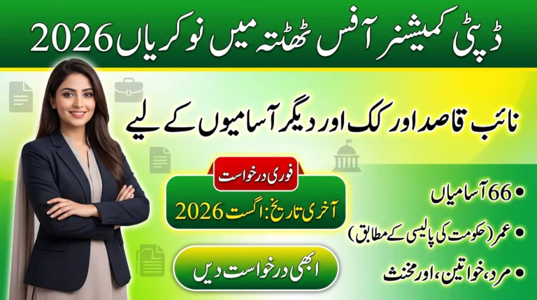 Deputy Commissioner Office Jobs 2026 feature image showing 66 vacancies for Naib Qasid, Clerk, Driver, and other government posts in Thatta.