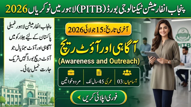 PITB Lahore Jobs 2026 advertisement featuring Awareness and Outreach job vacancy, latest PITB Lahore career opportunities, eligibility details, age limit, vacancies, and online application information.