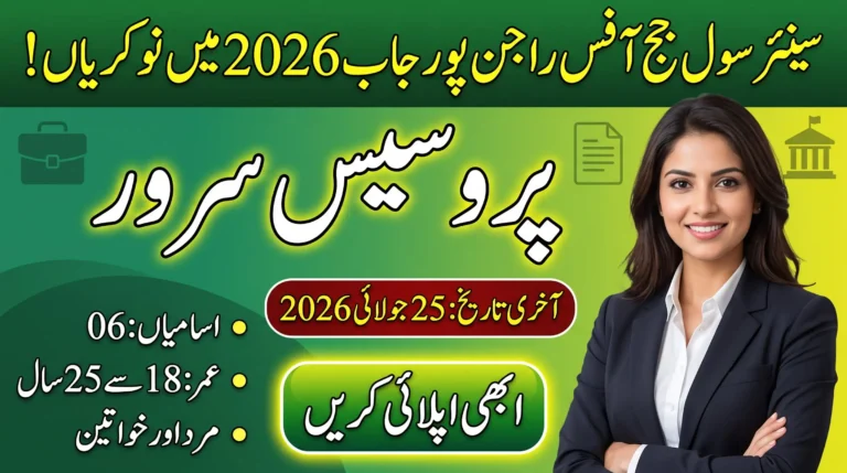 Senior Civil Judge Office Job 2026 thumbnail in Urdu showing Process Server jobs in Rajanpur, 06 vacancies, age limit 18 to 25 years, and last date 25 July 2026.