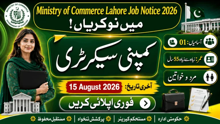 Ministry of Commerce Job 2026 featured image showing Company Secretary vacancy, last date 15 August 2026, age limit 55 years, and male & female applicants.