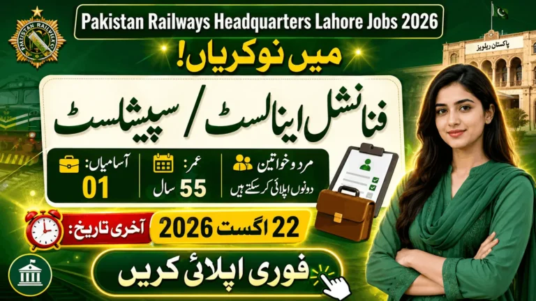 Pakistan Railways Headquarters Jobs 2026 – Financial Analyst/Specialist vacancy, 55 years age limit, 1 seat, male and female candidates, apply before 22 August 2026.