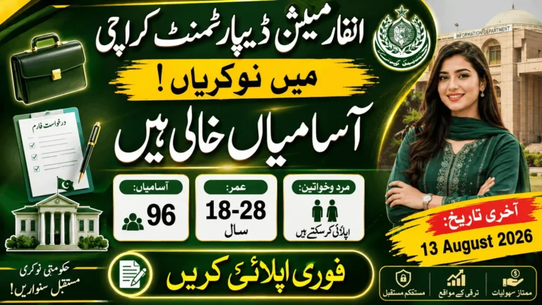 Information Department Karachi Jobs 2026 featured image highlighting 96 government vacancies, age limit 18–28 years, male and female eligibility, and the last date to apply.