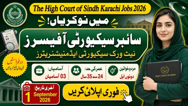High Court of Sindh Jobs 2026 featured image showing Cyber Security Officer and Network Security Administrator vacancies, 3 posts, age limit 24–35 years, last date 1 September 2026.